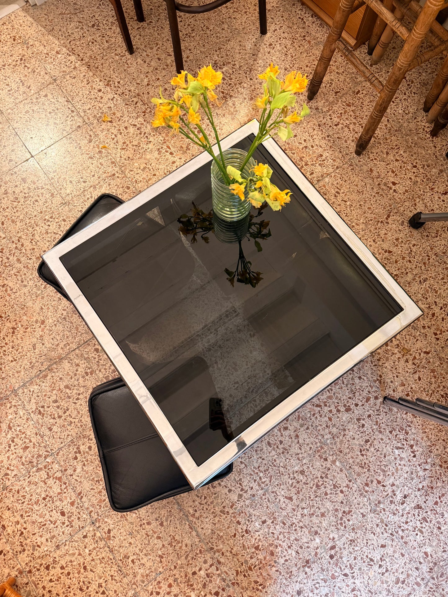 Set de taula quadrada inox i 4 puffs